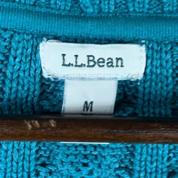 L.L. Bean Ladies Cable Knit Cardigan Long Sleeve Open Front Teal Sweater Medium - Picture 3 of 7